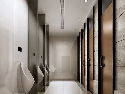 Modern Public Restroom Interior With White Floor Tiled Walls Stall Doors And Urinals 3d model