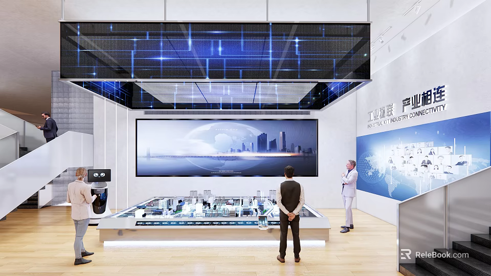 Tech Industry Exhibition Hall With 3D Model Display Large Screen And Modern Design 3d model