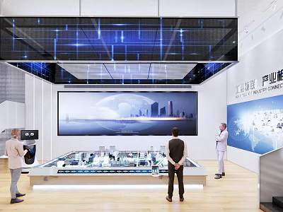 Tech Industry Exhibition Hall With 3D Model Display Large Screen And Modern Design 3d model