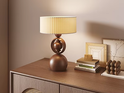 Modern Brown Table Lamp With Cream Pleated Lampshade And Double Sphere Base On Wooden Cabinet 3d model