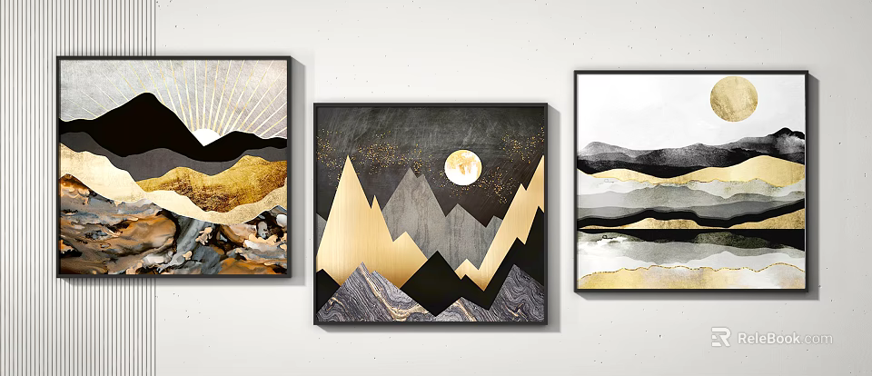 Modern Abstract Wall Art With Geometric Mountain Golden Moon And Black White Patterns 3d model 