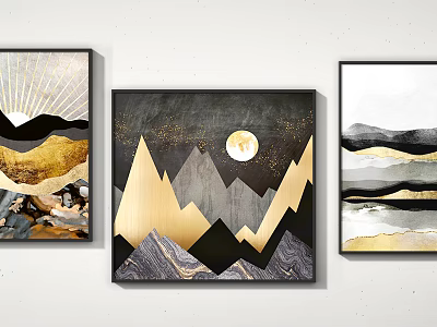 Modern Abstract Wall Art With Geometric Mountain Golden Moon And Black White Patterns 3d model