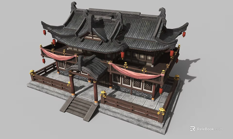 Chinese Traditional Architecture Cartoon Scene With Curved Eaves Red Lanterns And Stone Steps 3d model 