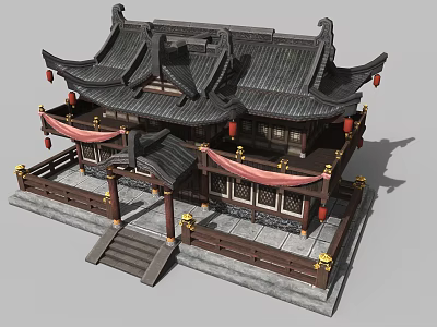 Chinese Traditional Architecture Cartoon Scene With Curved Eaves Red Lanterns And Stone Steps 3d model