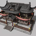 Chinese Traditional Architecture Cartoon Scene With Curved Eaves Red Lanterns And Stone Steps