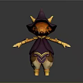 Cute Fantasy Orange Creature Wearing Purple Wizard Hat Robe And Yellow Horns Tail