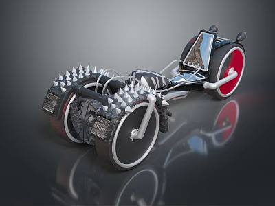 Futuristic Three Wheeled Motorcycle With Spiked Wheels Black And Red Sleek Body Stylish Seat Design 3d model