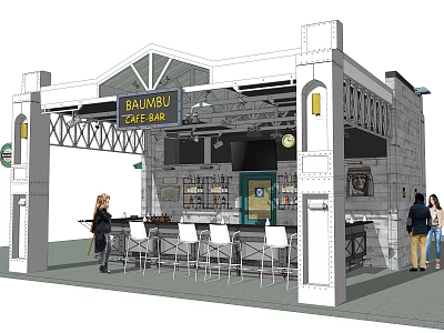 BAWBU Cafe Bar Interior Design With Bar Counter White Stools And People 3d model