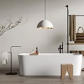 Minimalist White Freestanding Bathtub With Pendant Light Green Plant And Wooden Stool