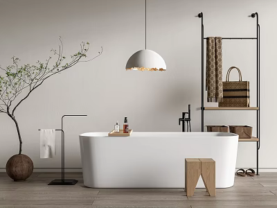 Minimalist White Freestanding Bathtub With Pendant Light Green Plant And Wooden Stool 3d model