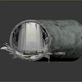 Cartoon Scene of Abandoned Tunnel Featuring Cobwebs Pipes Rail Tracks Debris and Light from Above