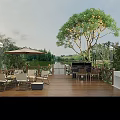 Serene Garden Landscape with Wooden Deck Tables Chairs Umbrella Tree String Lights Lake Greenery