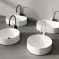 White Round Countertop Washbasins With Black And White Faucets In Modern Grey Space