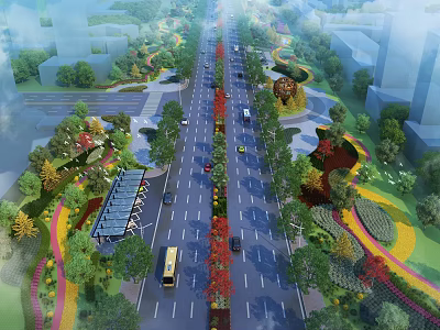 Urban Park Landscape with Wide Central Road Trees on Both Sides and Colorful Walkways 3d model