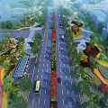 Urban Park Landscape with Wide Central Road Trees on Both Sides and Colorful Walkways