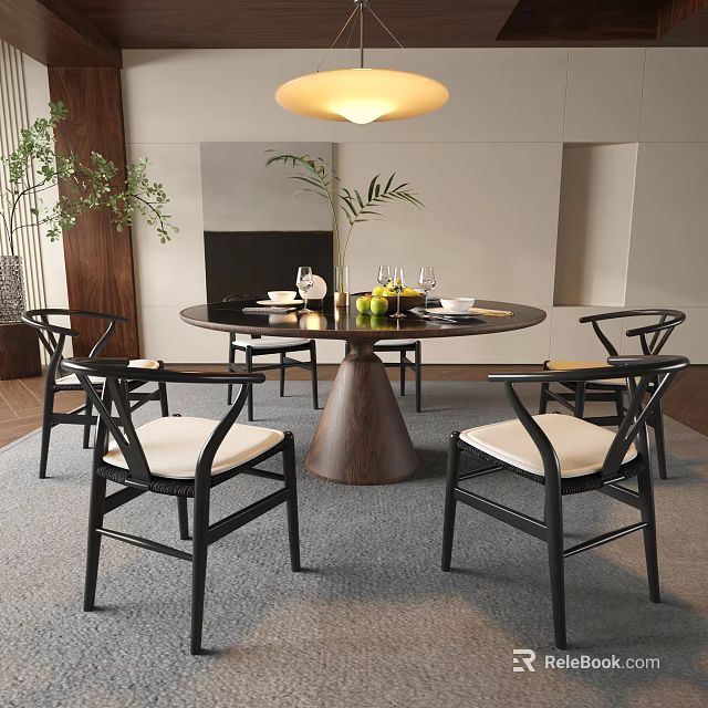 Modern Dining Room Interior With Round Table Black Chairs Beige Cushions And Ceiling Lamp 3d model 