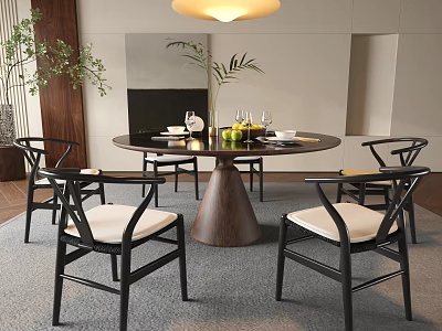 Modern Dining Room Interior With Round Table Black Chairs Beige Cushions And Ceiling Lamp 3d model