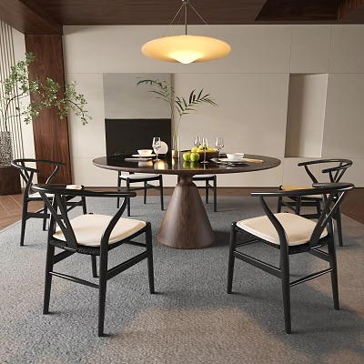 Modern Dining Room Interior With Round Table Black Chairs Beige Cushions And Ceiling Lamp 3d model