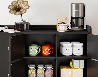 Organized Household Storage Cabinet With Coffee Maker Colorful Mugs Glass Jars And Gift Boxes 3d model