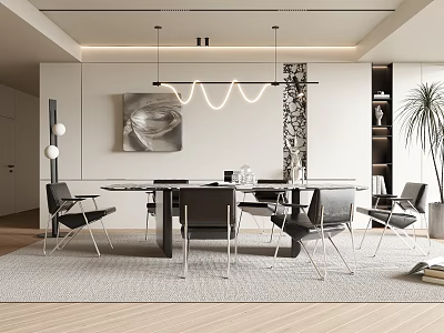 Modern Dining Room Interior With Rectangular Table Black Chairs Pendant Lights And Decorative Painting 3d model