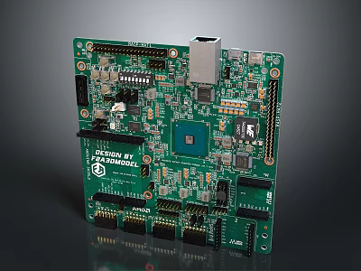 Green Advanced Circuit Board With STM32 F7 Chip And Electronic Components 3d model