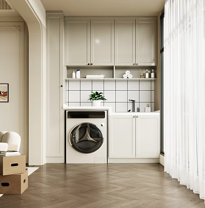 Elegant Modern Laundry Wardrobe With Built In Washing Machine And Large Capacity Storage Shelves 3d model