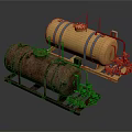 Rusty And Yellow Industrial Storage Tanks With Pipes And Valves