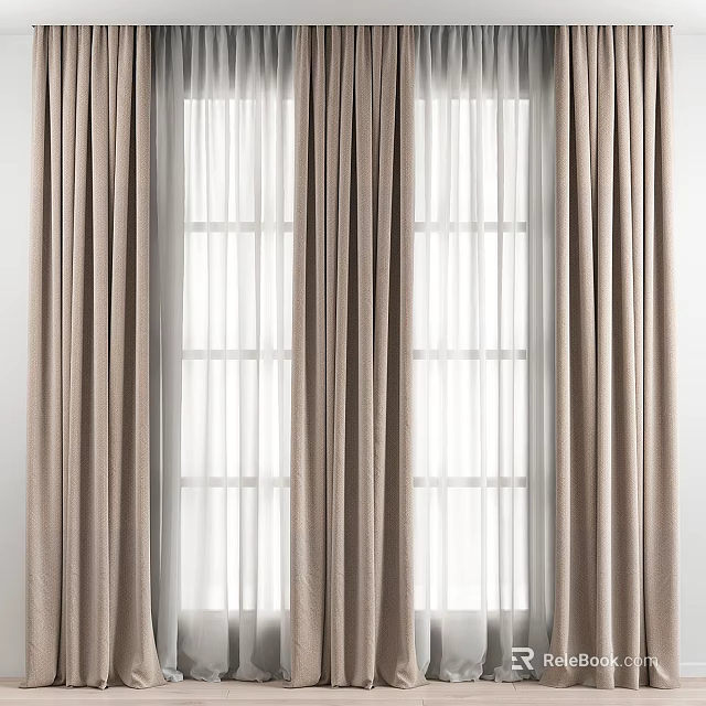 Beige Thick Curtains With Sheer Curtains For Window Modern Home Decor 3d model 