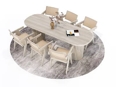 Wooden Oval Dining Table Set with Six Chairs Vase and Magazine on Gray Rug 3d model