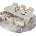 Wooden Oval Dining Table Set with Six Chairs Vase and Magazine on Gray Rug