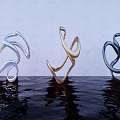 Abstract Curved Sculptures Silver Gold Blue on Water Surface with Reflections