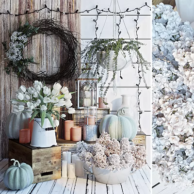 Decorative Ornament Combination with Wreath Hanging Plant White Tulips Pumpkin Candles Lantern on Wooden Background 3d model