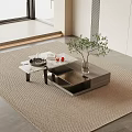 Modern Coffee Table With Marble Top Metal Legs And Green Plant On Woven Rug
