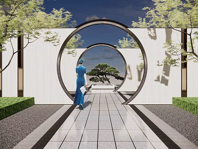 Traditional Landscape Wall with Circular Archway Pine Tree Stone Pathway and Greenery 3d model