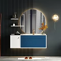Modern Bathroom Vanity with Round Mirror White Blue Cabinet Yellow Flowers Dark Striped Wall