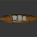 Small Traditional Wooden Boat Carrying Three White Covered Packages On Smooth Gray Surface