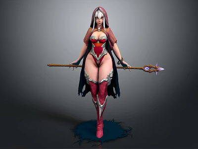 3D Model of Hooded Female Fantasy Character With Red Purple Outfit And Decorative Staff 3d model