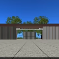 Modern Roofed Entrance Gate Design With Trees Blue Sky And Paved Ground