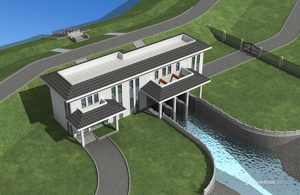 Modern Single Story House Exterior With Curved Driveway Lawn And Water Feature 3d model 