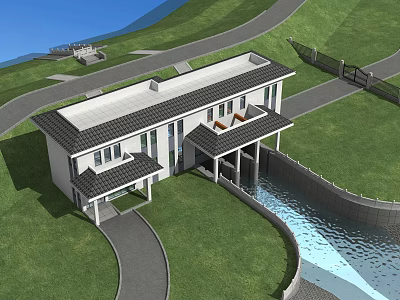 Modern Single Story House Exterior With Curved Driveway Lawn And Water Feature 3d model