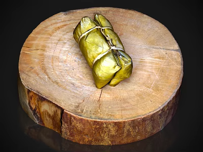 Traditional Homemade Food Wrapped in Green Leaves on Round Wooden Slice 3d model