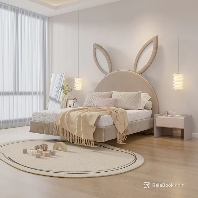 Kids Room Interior With Rabbit Ear Headboard Bed Pillows Blanket Nightstand And Wooden Blocks 3d model 
