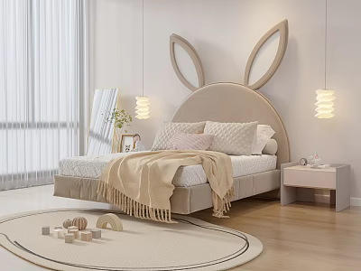 Kids Room Interior With Rabbit Ear Headboard Bed Pillows Blanket Nightstand And Wooden Blocks 3d model