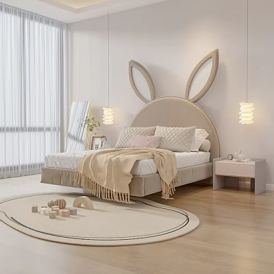 Kids Room Interior With Rabbit Ear Headboard Bed Pillows Blanket Nightstand And Wooden Blocks 3d model