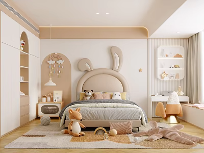 Cozy Kids Room With Bunny Ear Shaped Headboard Children's Bed Toys Shelves And Soft Rug 3d model