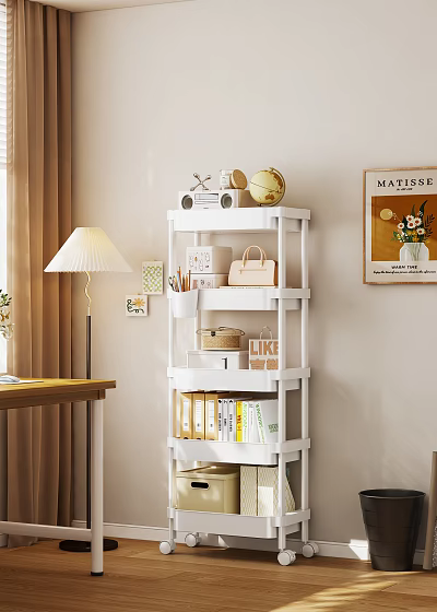 Cozy Study Room White Tiered Shelf With Globe Handbag Books And Storage Boxes 3d model