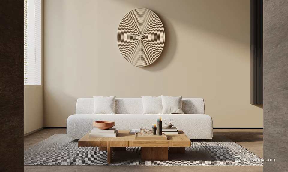 Minimalist Modern Living Room Interior With White Sofa Wooden Coffee Table And Circular Wall Art 3d model 