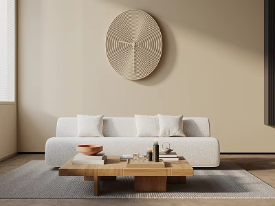 Minimalist Modern Living Room Interior With White Sofa Wooden Coffee Table And Circular Wall Art 3d model