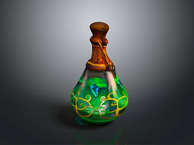 Decorative Green Yellow Glass Bottle With Brown Wooden Stopper And Glowing Vine Patterns 3d model