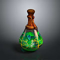 Decorative Green Yellow Glass Bottle With Brown Wooden Stopper And Glowing Vine Patterns